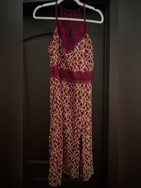Burgundy Lace Halter Maxi Dress with Ivory Floral Overlay by Joyfolie